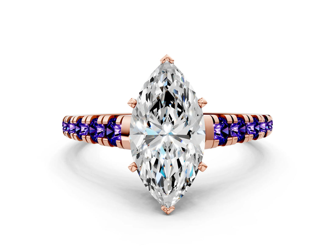 Rose gold Marquise Cut Diamond Cathedral Solitaire Ring with Round with Tanzanite side stone Pavé Band