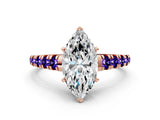 Rose gold Marquise Cut Diamond Cathedral Solitaire Ring with Round with Tanzanite side stone Pavé Band