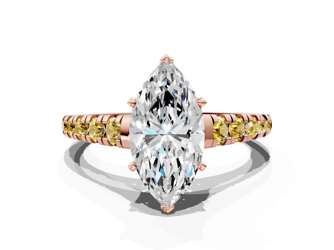Rose gold Marquise Cut Diamond Cathedral Solitaire Ring with Round with Yellow Sapphire side stone Pavé Band_48