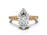Rose gold Marquise Cut Diamond Cathedral Solitaire Ring with Round with Yellow Sapphire side stone Pavé Band_48