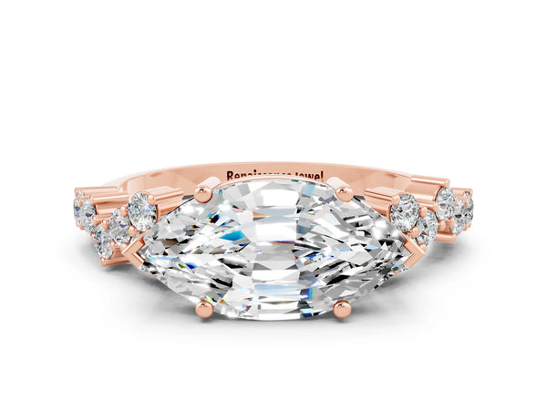 Rose gold Marquise Cut Moissanite Scattered Round Accent Ring with Prong Setting