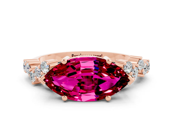 Rose gold Marquise Cut Garnet Scattered Round Accent Ring with Prong Setting
