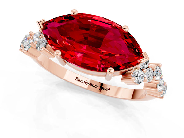 Rose gold Marquise Cut Ruby Scattered Round Accent Ring with Prong Setting