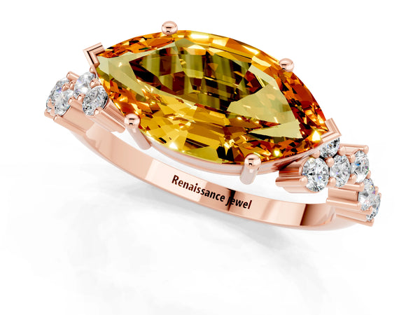 Rose gold Marquise Cut Citrine Scattered Round Accent Ring with Prong Setting
