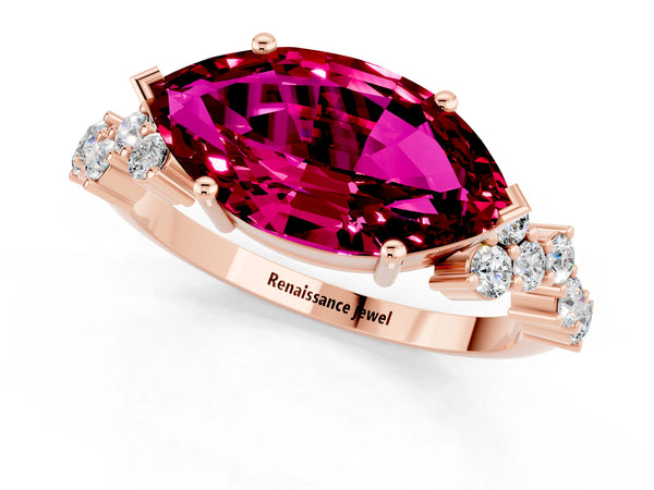 Rose gold Marquise Cut Garnet Scattered Round Accent Ring with Prong Setting