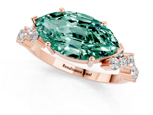 Rose gold Marquise Cut Green Sapphire Scattered Round Accent Ring with Prong Setting