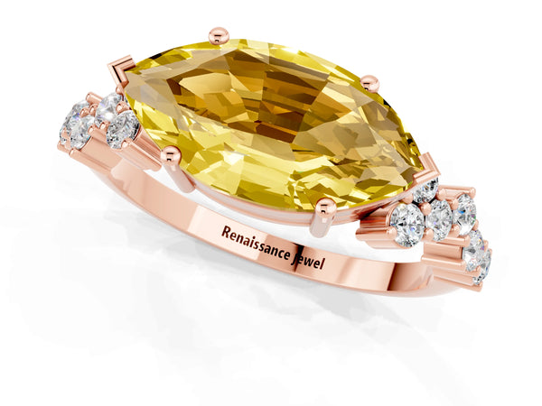 Rose gold Marquise Cut Yellow Sapphire Scattered Round Accent Ring with Prong Setting