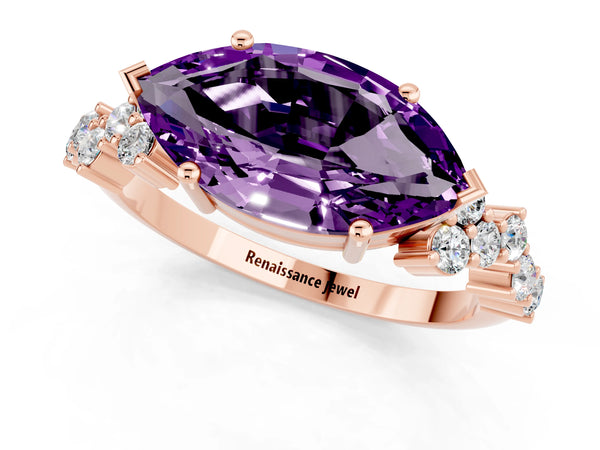 Rose gold Marquise Cut Amethyst Scattered Round Accent Ring with Prong Setting