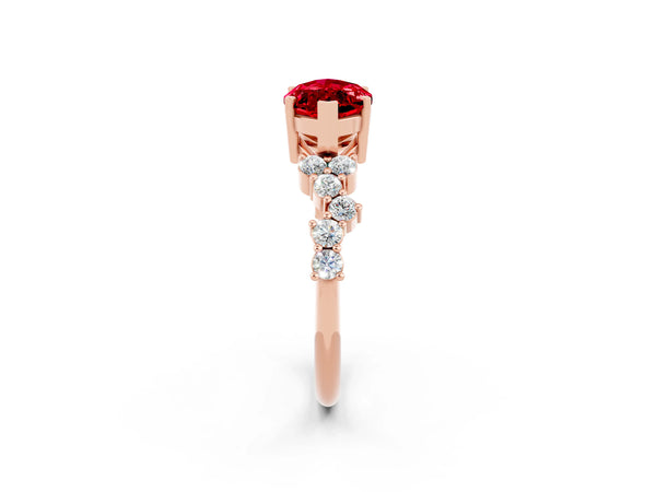 Rose gold Marquise Cut Ruby Scattered Round Accent Ring with Prong Setting