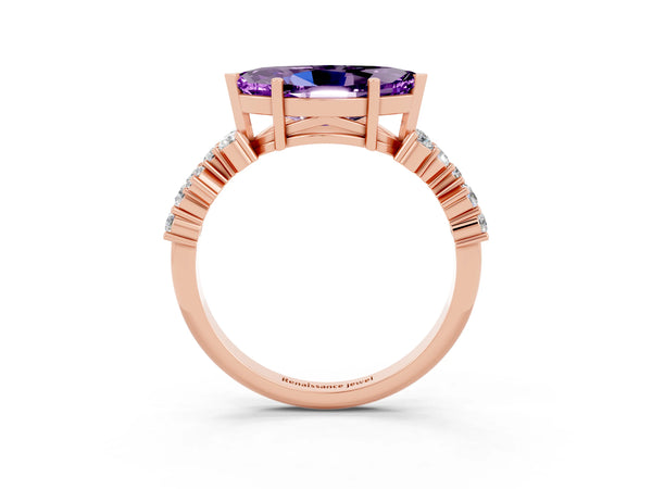 Rose gold Marquise Cut Amethyst Scattered Round Accent Ring with Prong Setting