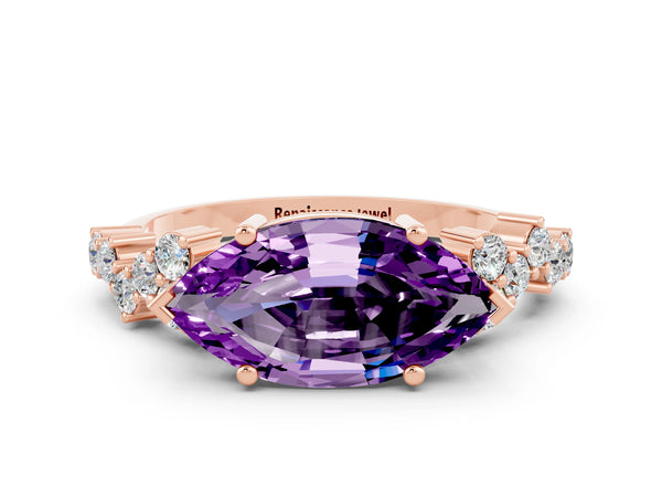 Rose gold Marquise Cut Amethyst Scattered Round Accent Ring with Prong Setting
