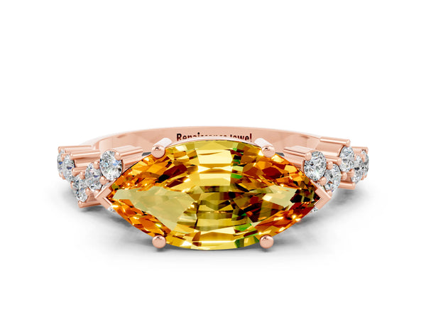 Rose gold Marquise Cut Citrine Scattered Round Accent Ring with Prong Setting