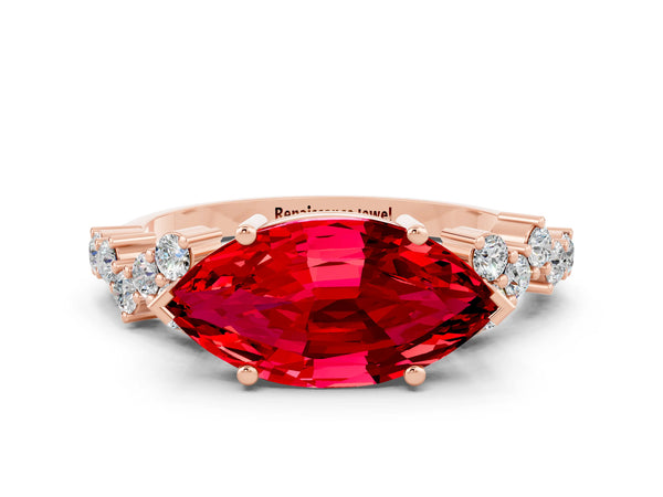 Rose gold Marquise Cut Ruby Scattered Round Accent Ring with Prong Setting