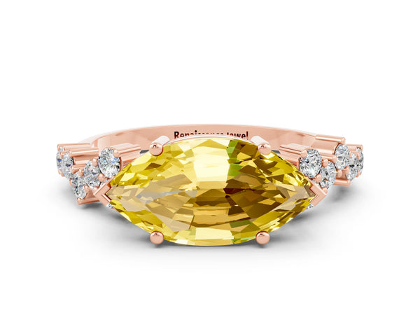 Rose gold Marquise Cut Yellow Sapphire Scattered Round Accent Ring with Prong Setting