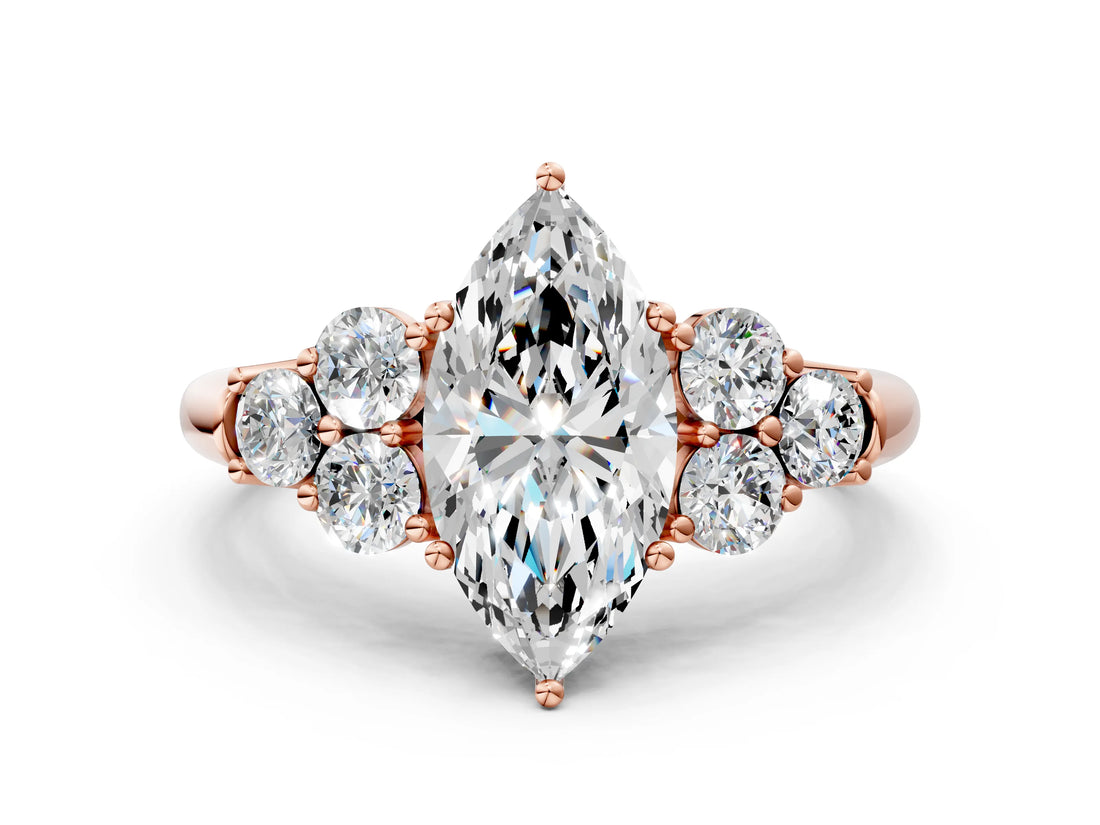 Rose gold Marquise Cut Diamond Cluster Ring with Round Accent Stones and Prong Setting on a Classic Band_61
