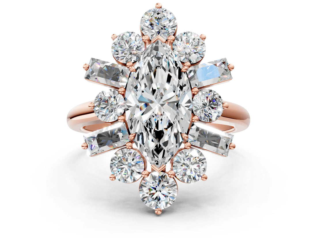 Rose gold Marquise Cut Diamond Cluster Ring with Round and Baguette Stones, Split Shank Band, Prong Setting_15