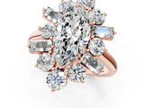 Rose gold Marquise Cut Diamond Cluster Ring with Round and Baguette Stones, Split Shank Band, Prong Setting_16