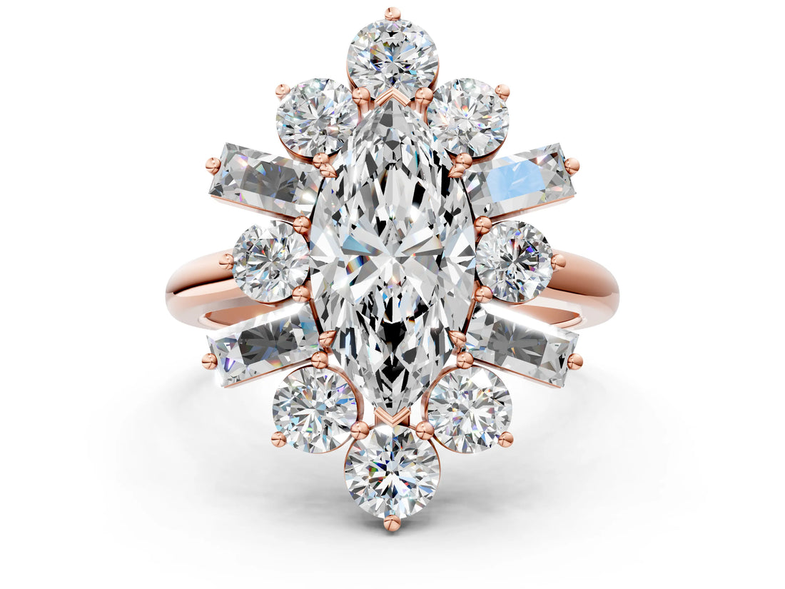 Rose gold Marquise Cut Diamond Cluster Ring with Round and Baguette Stones, Split Shank Band, Prong Setting_3