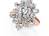 Rose gold Marquise Cut Diamond Cluster Ring with Round and Baguette Stones, Split Shank Band, Prong Setting_4