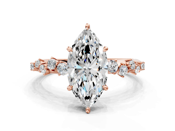 Rose Gold Marquise Solitaire Engagement Ring Setting with Graduated Cluster Accents on the Shoulders
