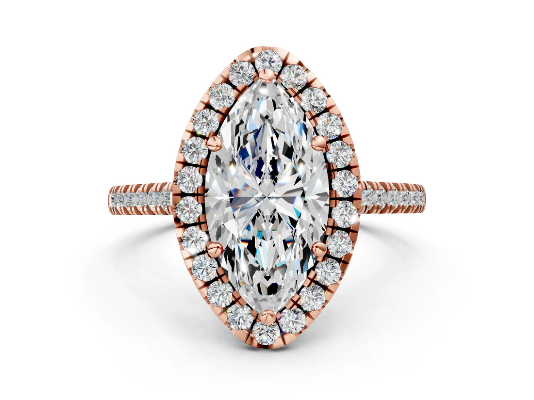 Rose gold Marquise Cut Diamond Cushion Halo Ring with Pavé Band_15