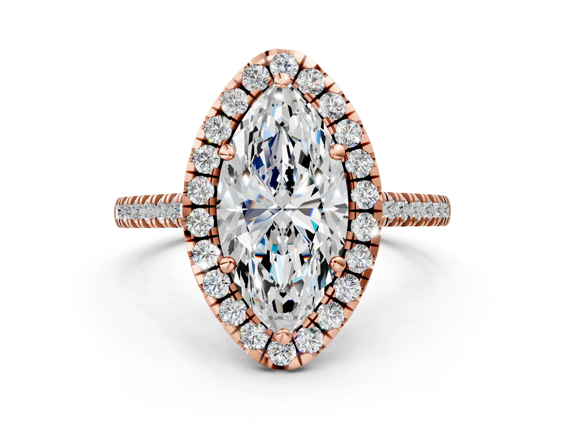 Rose gold Marquise Cut Diamond Cushion Halo Ring with Pavé Band_3