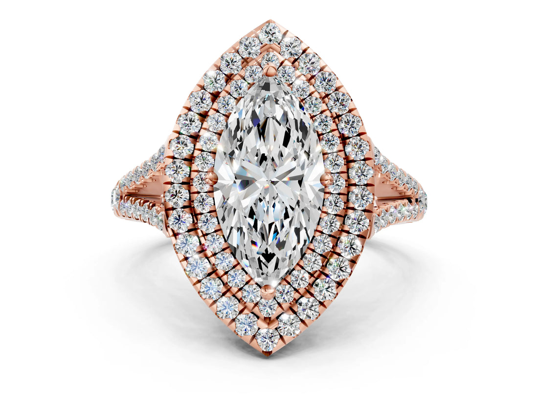 Rose gold Marquise Cut Diamond Double Halo Ring with Pavé Band and Prong Setting_98