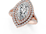 Rose gold Marquise Cut Diamond Double Halo Ring with Pavé Band and Prong Setting_99