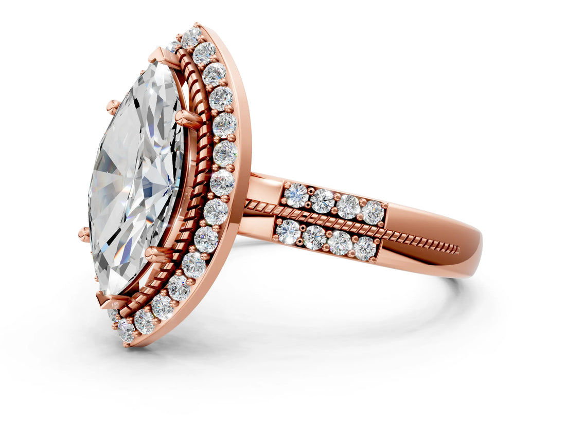Rose gold Marquise Cut Diamond Double Halo Ring with Split Shank and Four-Prong Setting_15