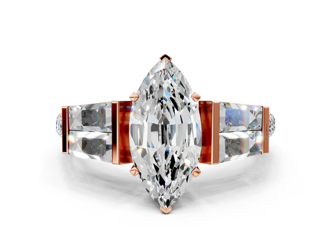 Rose gold Marquise Cut Diamond Engagement Ring with Baguette Side Stones and Channel Set Band_43