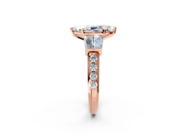 Rose Gold Marquise Engagement Ring Setting with Channel Set Baguettes and Accented Band