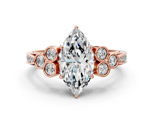 Rose gold Marquise Cut Diamond Engagement Ring with Bezel Set Round Side Stones and Prong Setting
