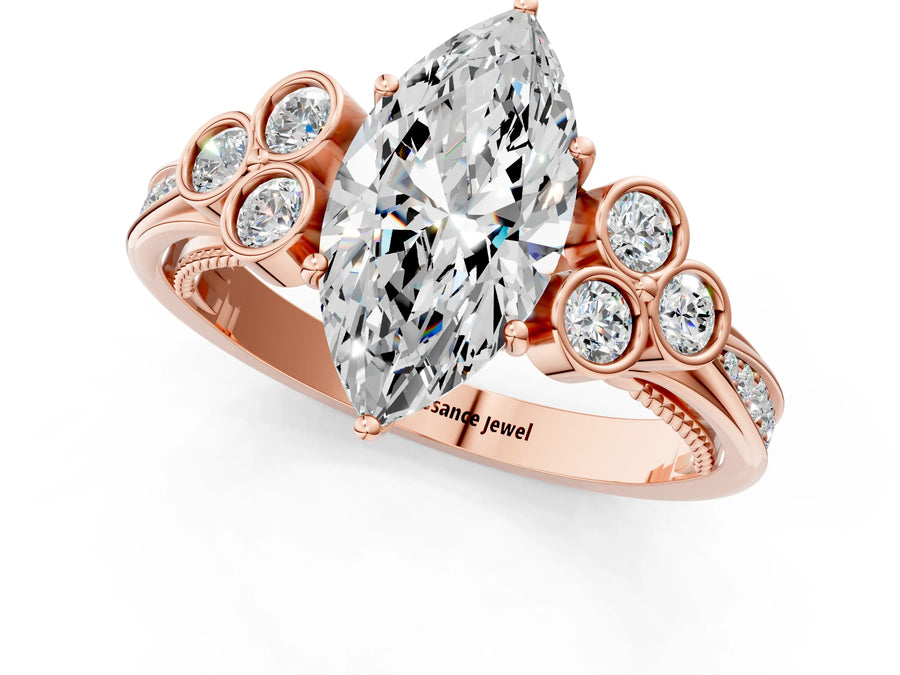 Rose gold Marquise Cut Diamond Engagement Ring with Bezel Set Round Side Stones and Prong Setting