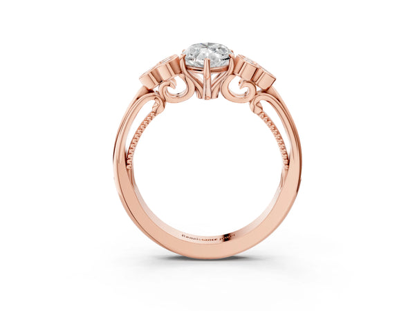 Rose gold Marquise Cut Diamond Engagement Ring with Bezel Set Round Side Stones and Prong Setting