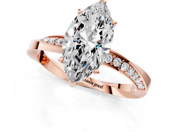 Rose gold Marquise Cut Diamond Engagement Ring with Side Stone Accents and Four-Prong Setting