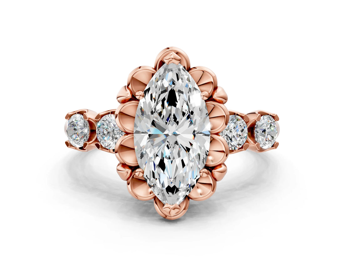 Rose gold Marquise Cut Diamond Floral Halo Engagement Ring with Shared Prong Setting 2