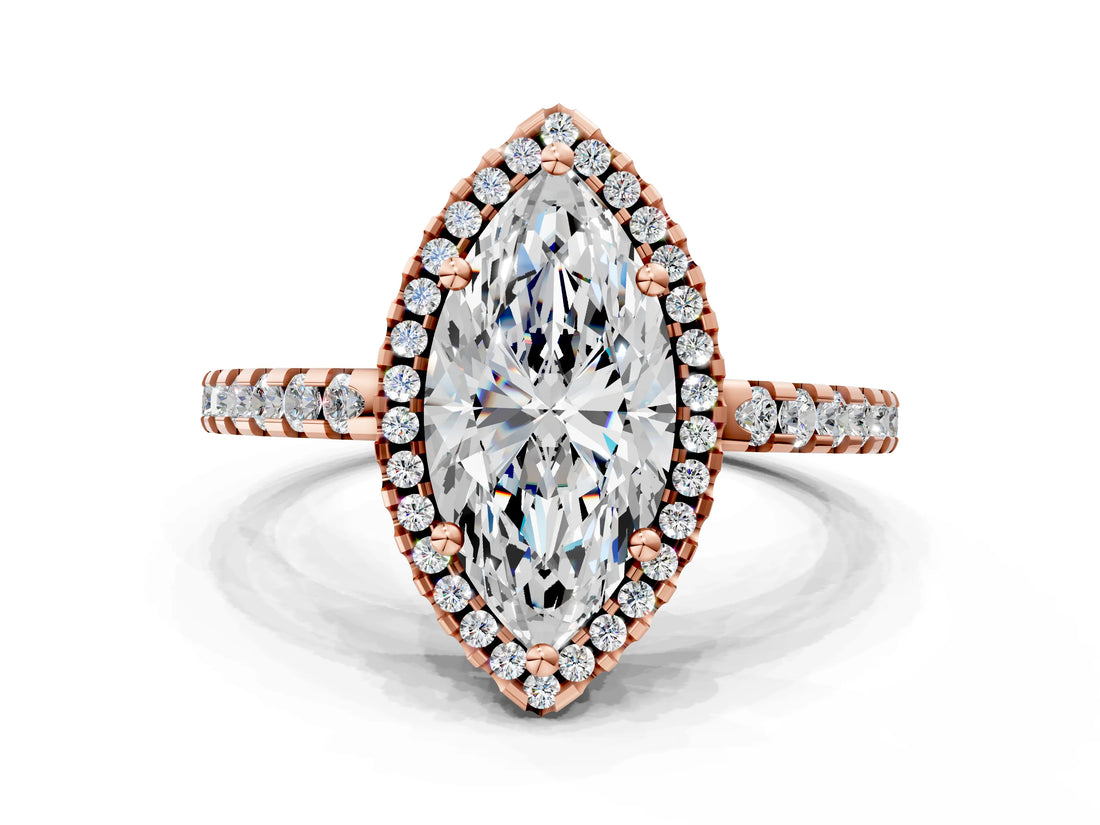Rose gold Marquise Cut Diamond Halo Engagement Ring with Pavé Band and Prong Setting_27