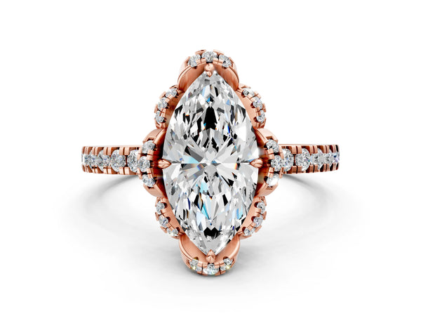 Rose gold Marquise Cut Diamond Halo Pave Band with Four-Prong Setting