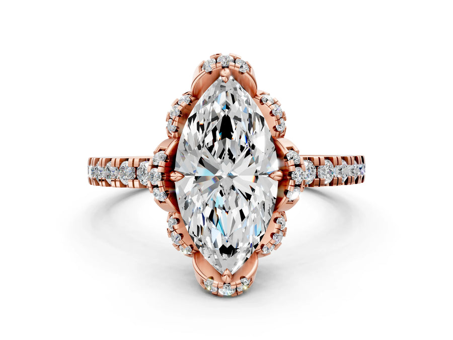 Rose gold Marquise Cut Diamond Halo Pave Band with Four-Prong Setting