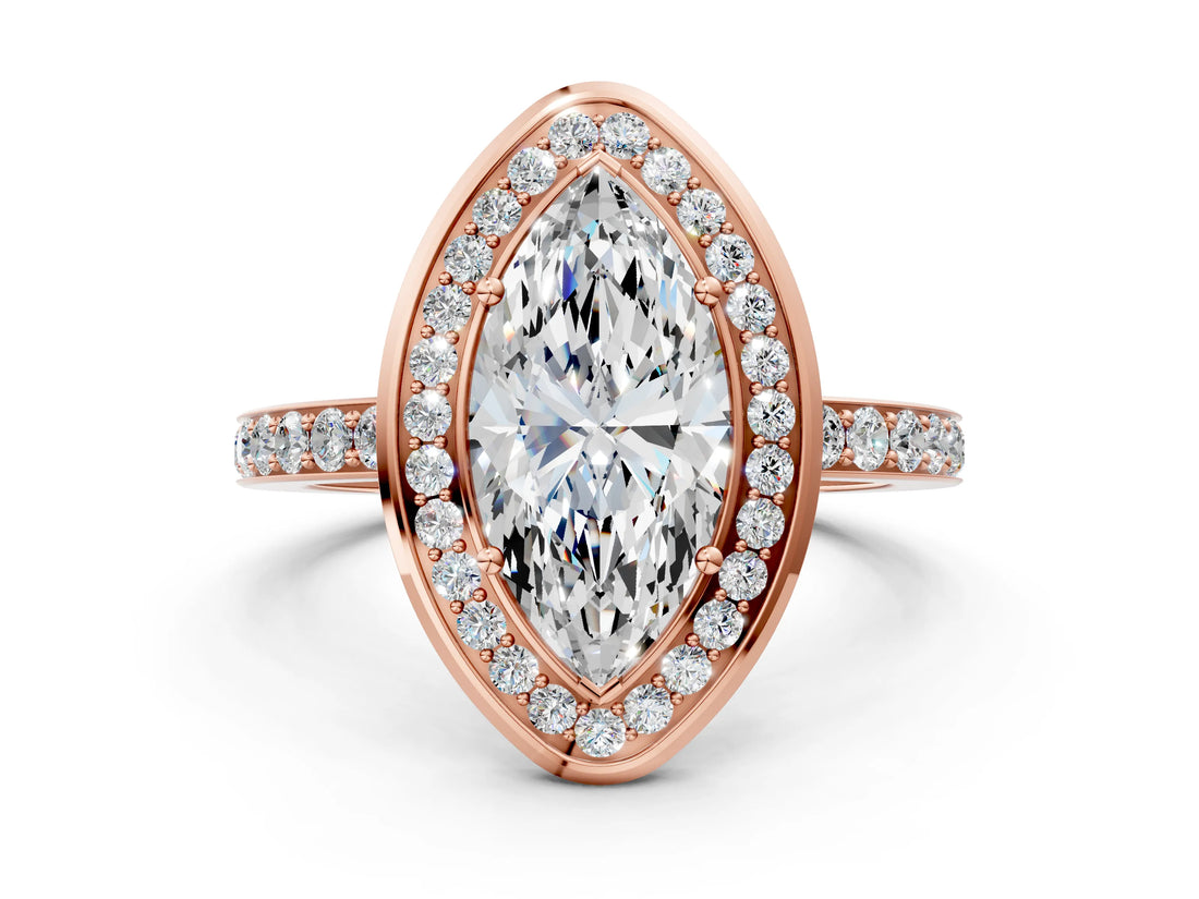 Rose gold Marquise Cut Diamond Halo Ring with Bezel Frame and Pavé Band_7