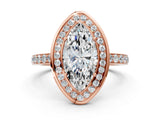 Rose gold Marquise Cut Diamond Halo Ring with Bezel Frame and Pavé Band_7
