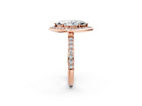 Rose gold Marquise Cut Diamond Halo Ring with Bezel Frame and Pavé Band_9