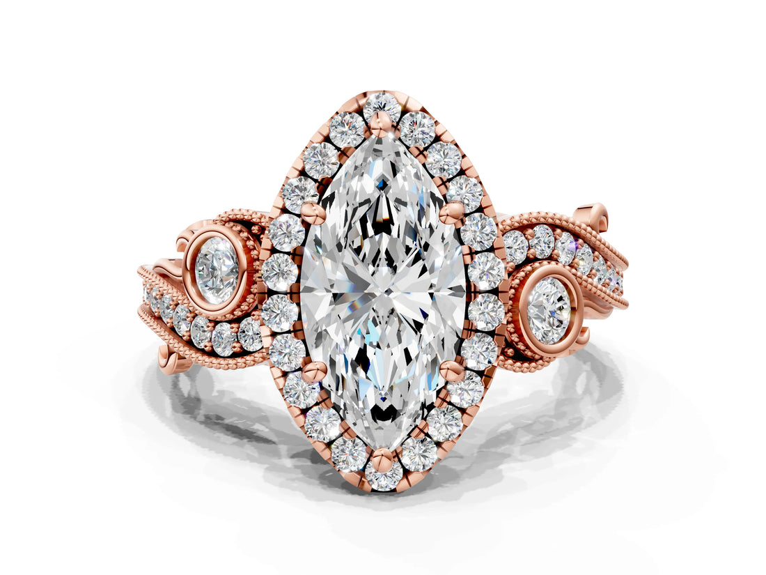 Rose gold Marquise Cut Diamond Halo Ring with Milgrain Pavé Band and Four-Prong Setting_53