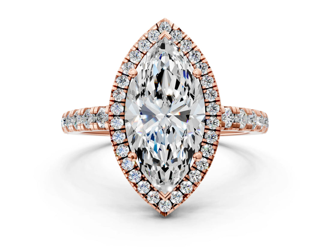 Rose gold Marquise Cut Diamond Halo Ring with Pavé Band and Four-Prong Setting_3
