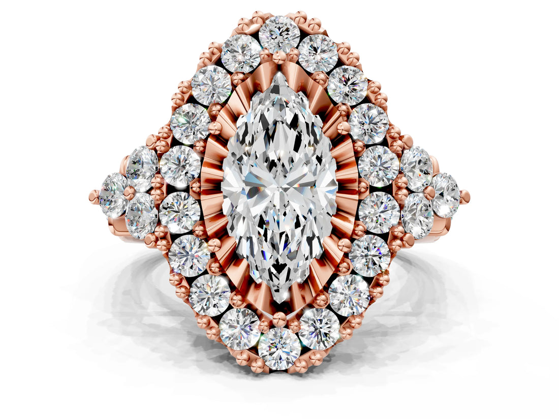 Rose gold Marquise Cut Diamond Halo Ring with Pavé Band and Four-Prong Setting_41