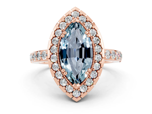 Rose gold Marquise Cut Aquamarine Halo Ring with Pavé Band and Prong Setting