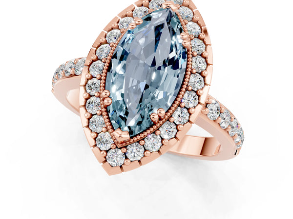 Rose gold Marquise Cut Aquamarine Halo Ring with Pavé Band and Prong Setting