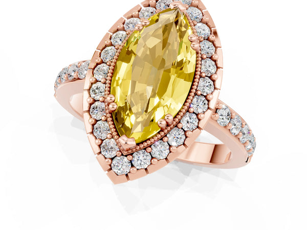 Rose gold Marquise Cut Yellow Sapphire Halo Ring with Pavé Band and Prong Setting