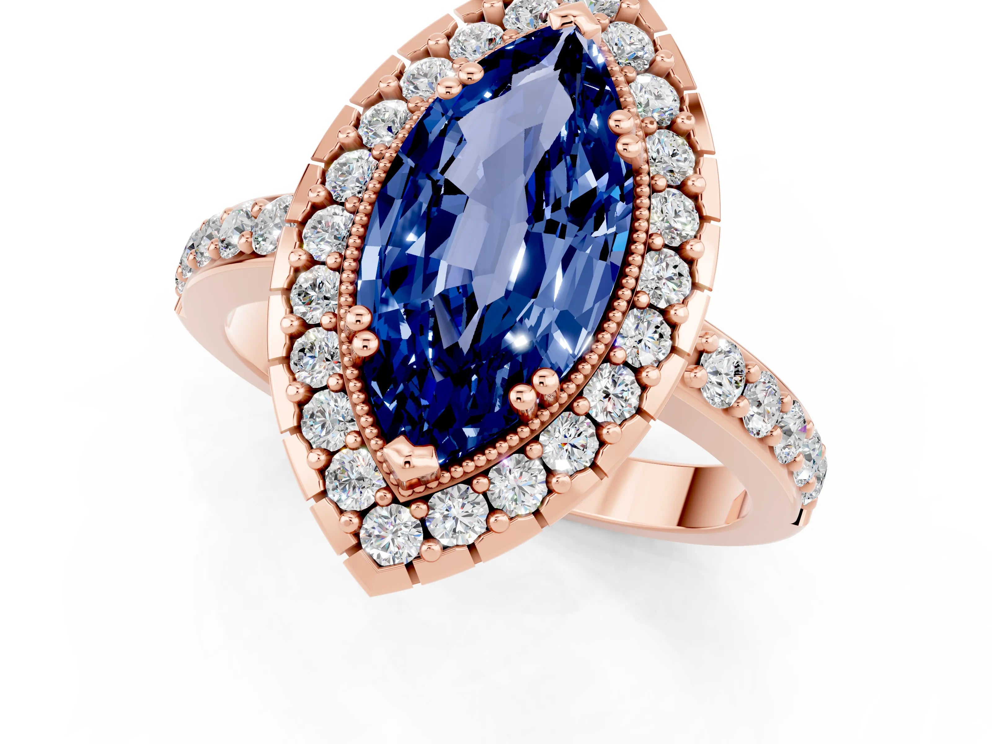 Rose gold Marquise Cut Diamond Halo Ring with Pavé Band and Prong Setting_1