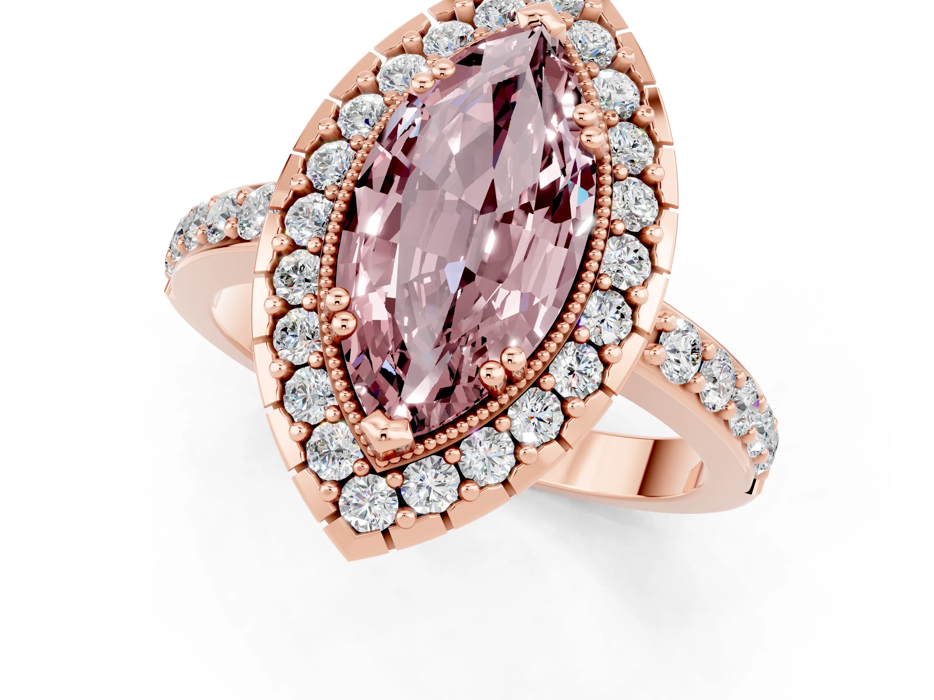 Rose gold Marquise Cut Diamond Halo Ring with Pavé Band and Prong Setting_1